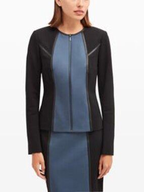 Carlisle Blue and Black Color Blocke Ponte Jacket with Leather Trim